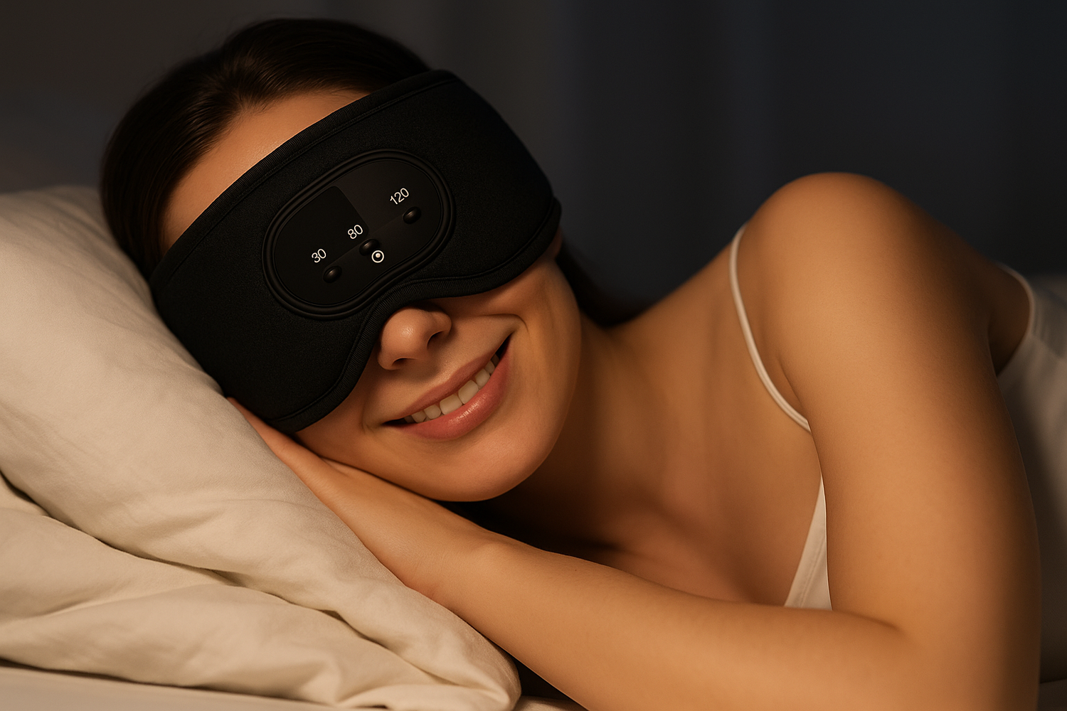 Woman wearing NocTunPad sleep mask